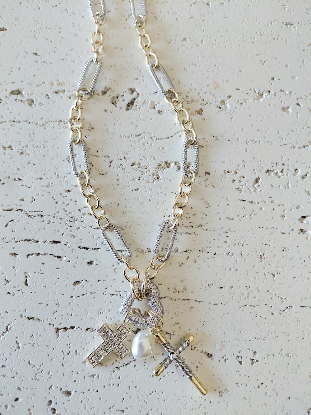 Mixed Gold & Silver Charm Necklace with Crosses and Pearl